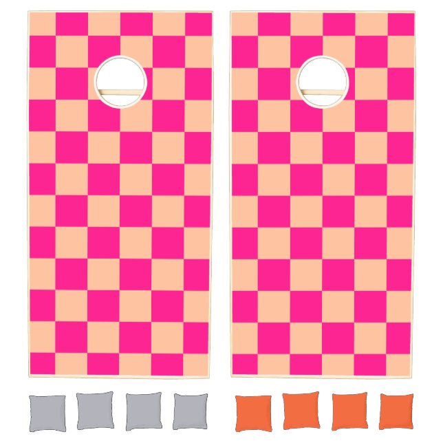 Checkered squares peach hot pink geometric retro cornhole set (Set)