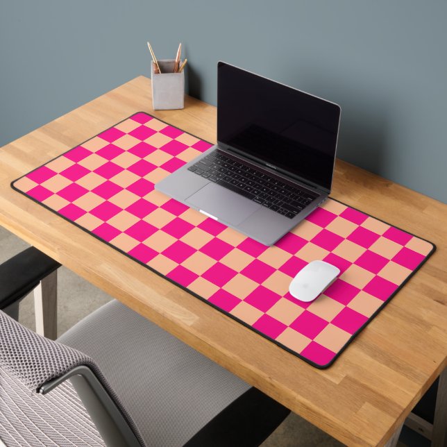 Checkered squares peach hot pink geometric retro desk mat (Office 2)