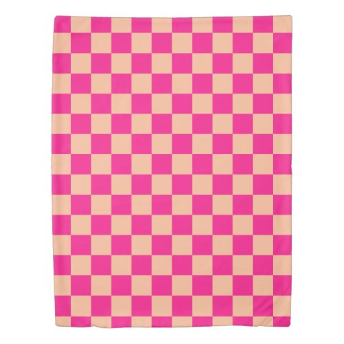 Checkered squares peach hot pink geometric retro duvet cover