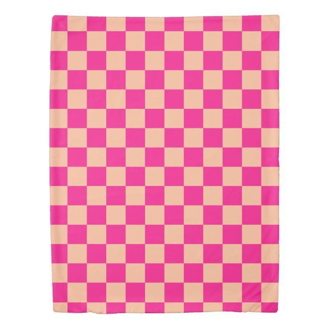 Checkered squares peach hot pink geometric retro duvet cover (Front)