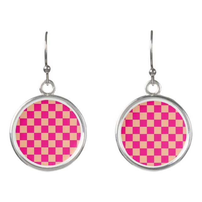 Checkered squares peach hot pink geometric retro earrings (Front)