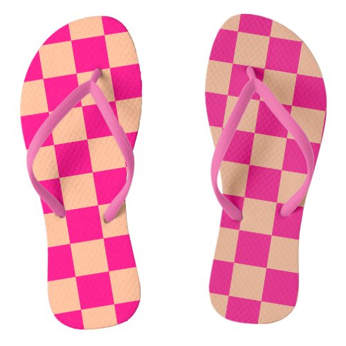 Checkered squares peach hot pink geometric retro flip flops
