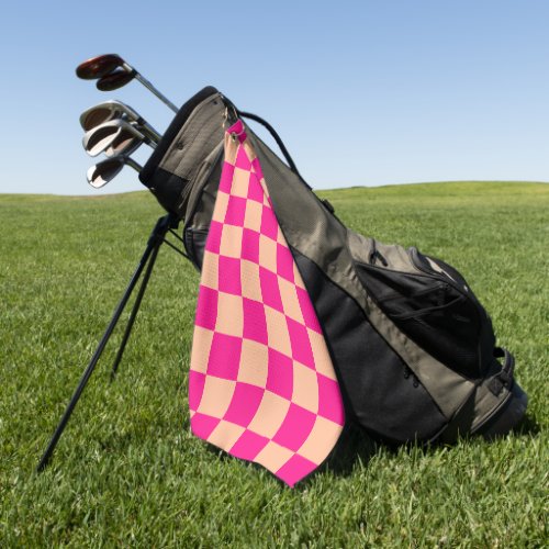 Checkered squares peach hot pink geometric retro golf towel