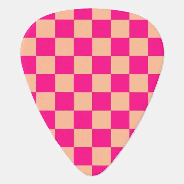 Checkered squares peach hot pink geometric retro guitar pick (Front)