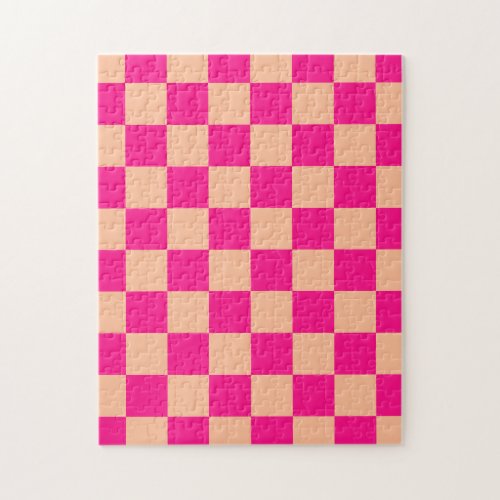 Checkered squares peach hot pink geometric retro jigsaw puzzle