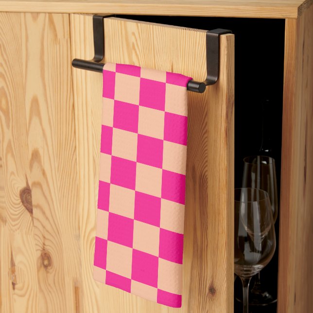 Checkered squares peach hot pink geometric retro kitchen towel (Thirds Fold)