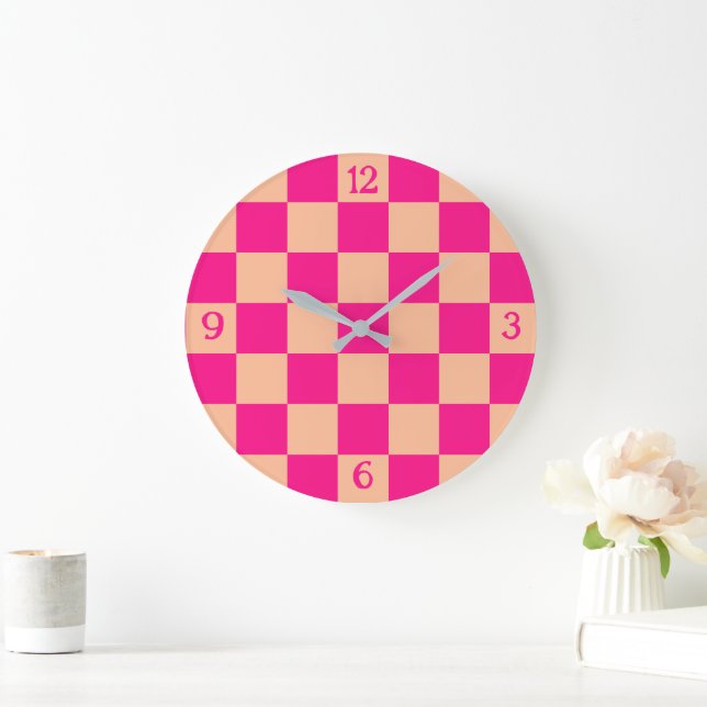 Checkered squares peach hot pink geometric retro large clock (Home)