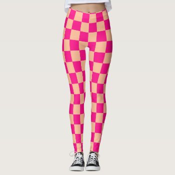 Checkered Squares Peach Hot Pink Geometric Retro Leggings by PLdesign at Zazzle