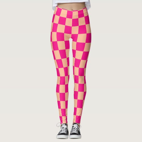 Checkered squares peach hot pink geometric retro leggings