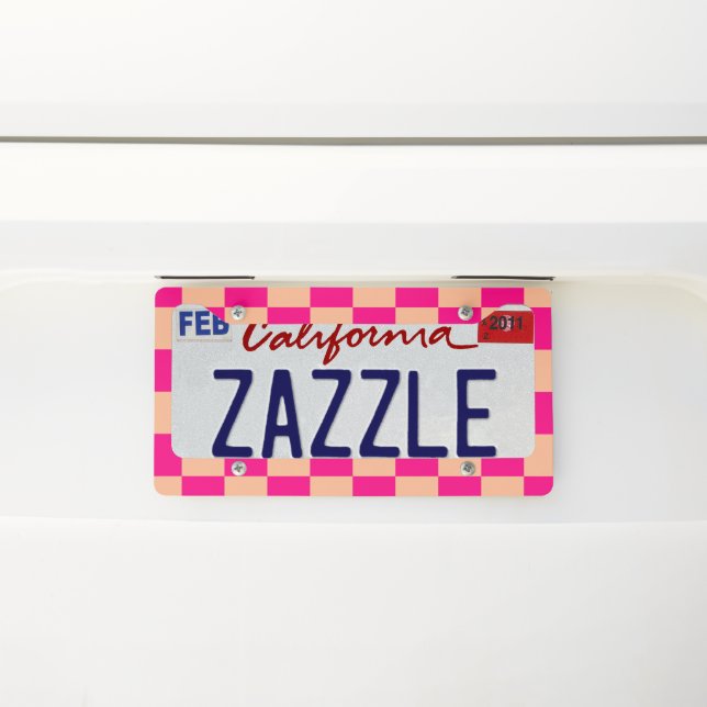 Checkered squares peach hot pink geometric retro license plate frame (On Car)