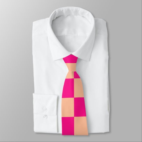 Checkered squares peach hot pink geometric retro neck tie