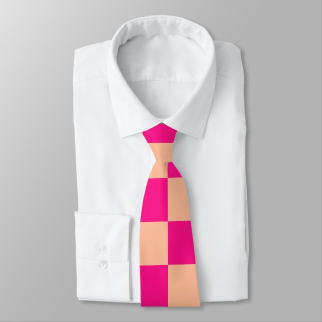 Checkered squares peach hot pink geometric retro neck tie (Tied)