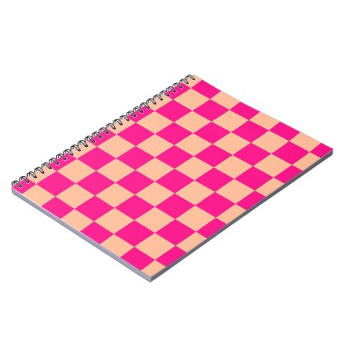 Checkered squares peach hot pink geometric retro notebook