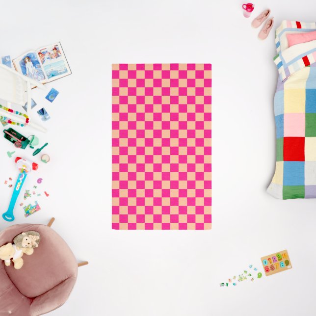 Checkered squares peach hot pink geometric retro outdoor rug (Insitu (Babyroom))