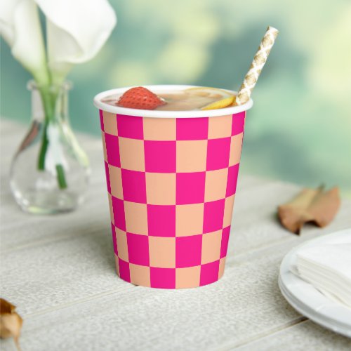 Checkered squares peach hot pink geometric retro paper cups