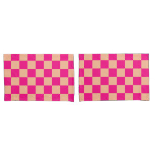 Checkered squares peach hot pink geometric retro pillow case