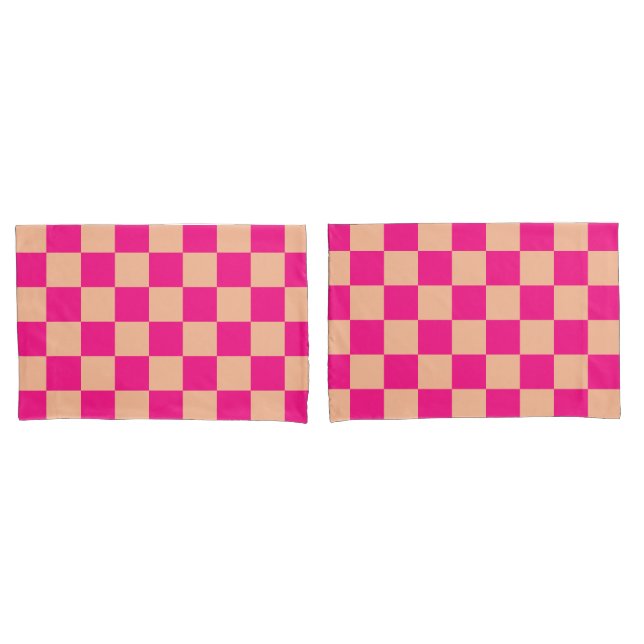 Checkered squares peach hot pink geometric retro pillow case (Front-Set)