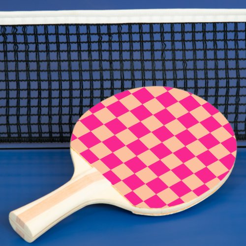Checkered squares peach hot pink geometric retro ping pong paddle