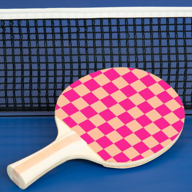 Checkered squares peach hot pink geometric retro ping pong paddle (Insitu)