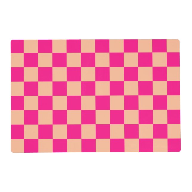 Checkered squares peach hot pink geometric retro placemat (Front)