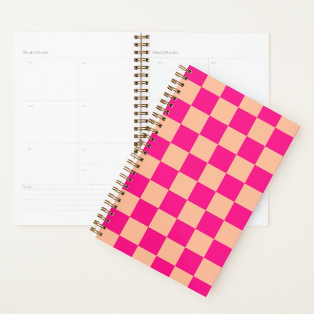 Checkered squares peach hot pink geometric retro planner (Display)