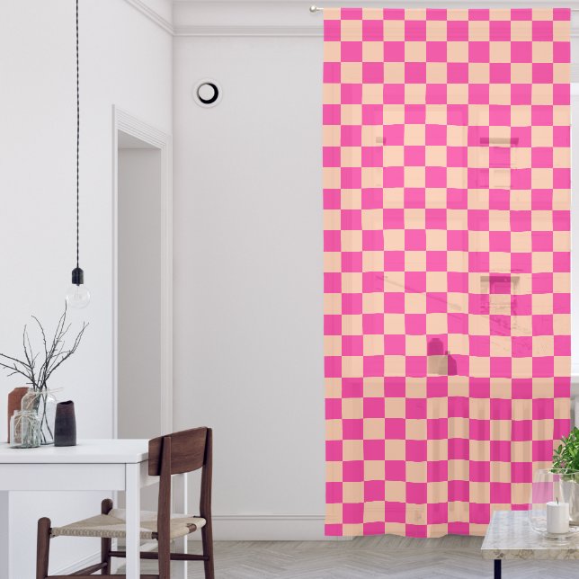 Checkered squares peach hot pink geometric retro sheer curtains (Living Room)