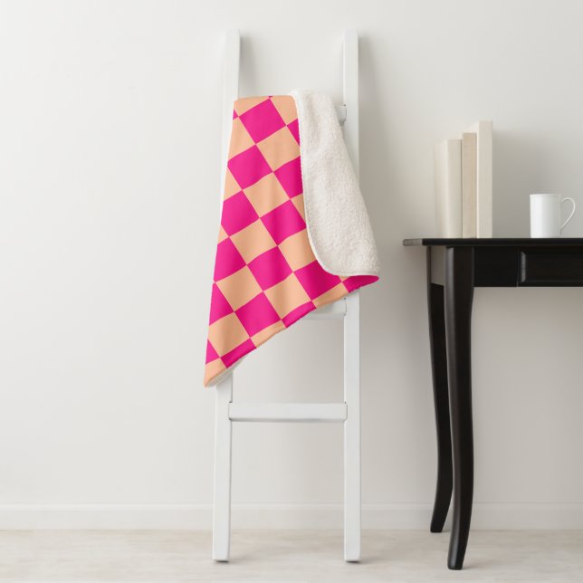 Checkered squares peach hot pink geometric retro sherpa blanket (In Situ)