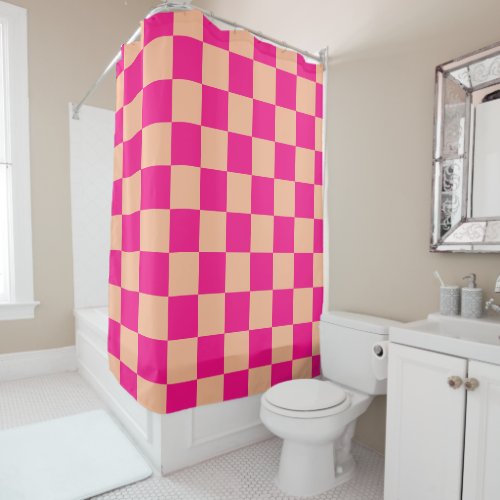 Checkered squares peach hot pink geometric retro shower curtain