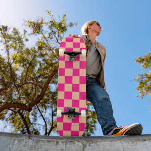Checkered squares peach hot pink geometric retro skateboard
