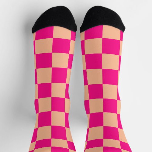 Checkered squares peach hot pink geometric retro socks