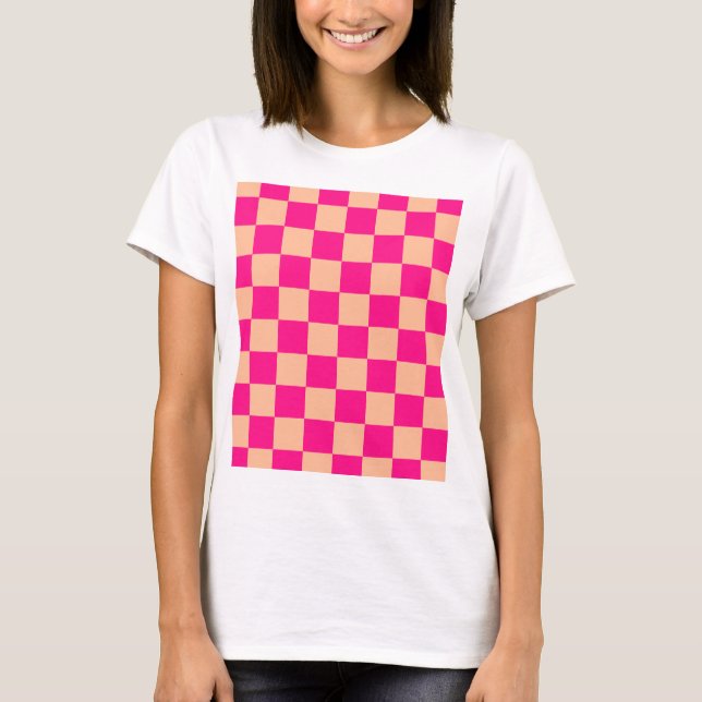 Checkered squares peach hot pink geometric retro T-Shirt (Front)