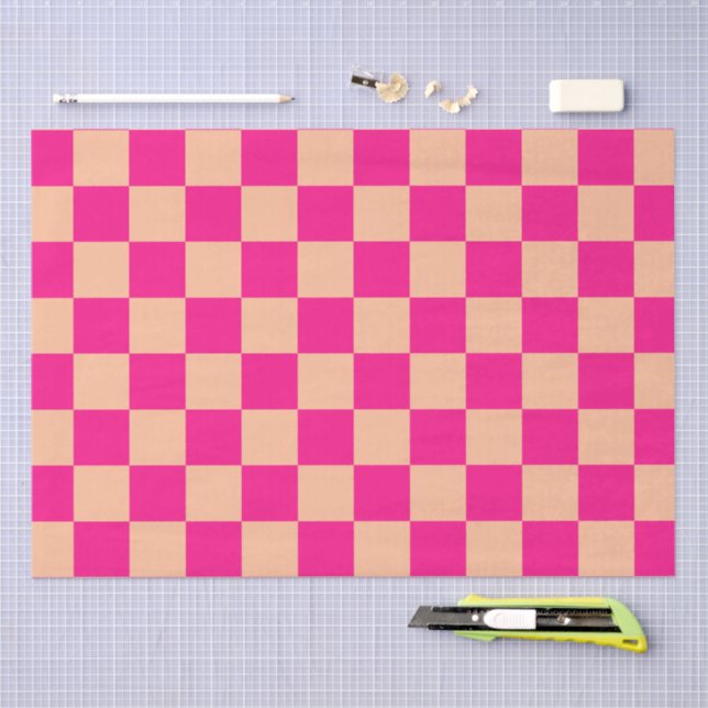 Checkered squares peach hot pink geometric retro tissue paper (Craft)