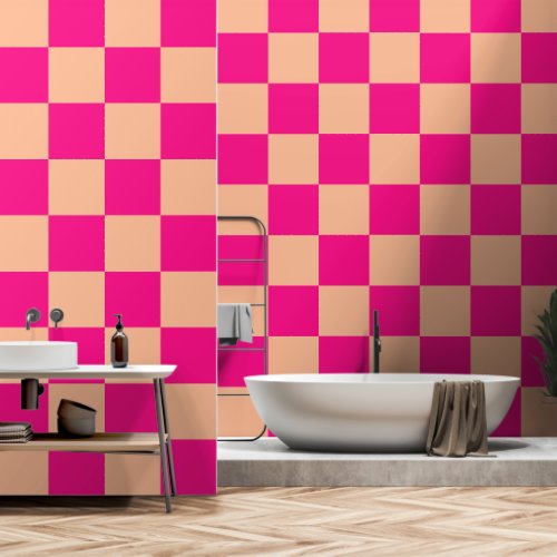 Checkered squares peach hot pink geometric retro wallpaper 