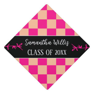 Checkered squares peach hot pink retro Custom name Graduation Cap Topper