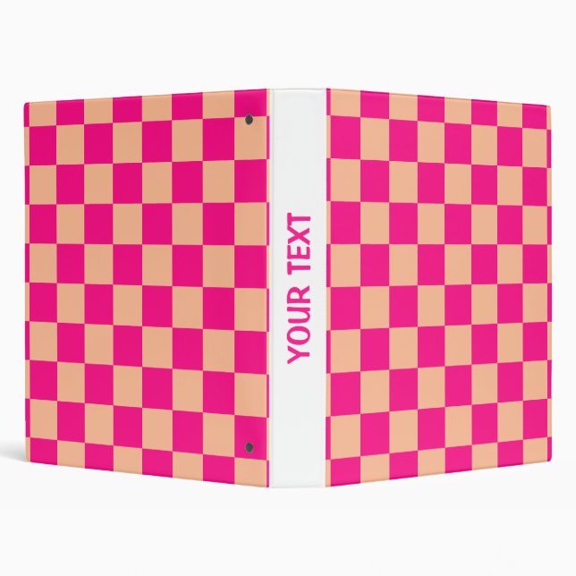 Checkered squares peach hot pink retro Custom text 3 Ring Binder (Background)