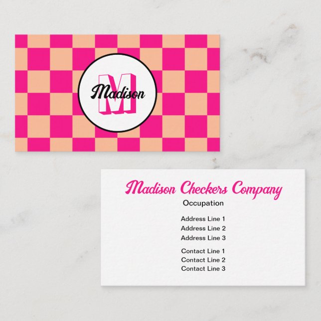 Checkered squares peach hot pink retro Monogram Business Card (Front/Back)