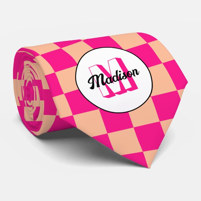 Checkered squares peach hot pink retro Monogram Neck Tie (Rolled)