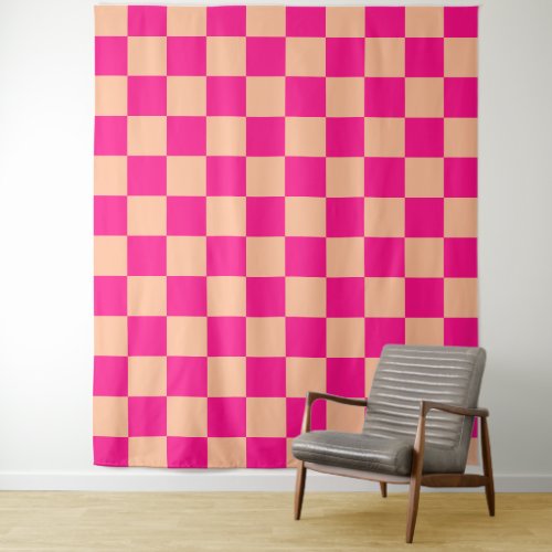 Checkered squares peach hot pink retro tapestry