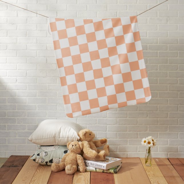Checkered squares peach orange white geometric baby blanket (In Situ)