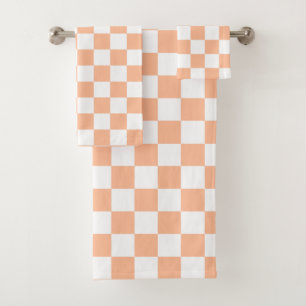 Checkered squares peach orange white geometric bath towel set