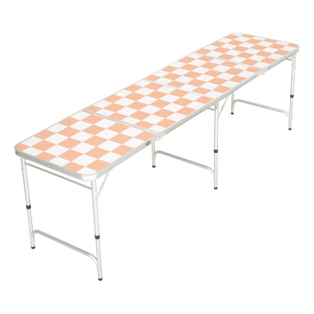 Checkered squares peach orange white geometric beer pong table (Angled)