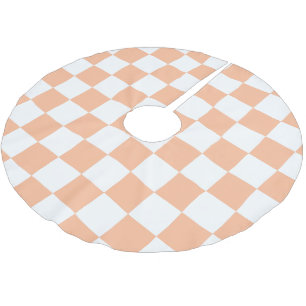 Checkered squares peach orange white geometric brushed polyester tree skirt