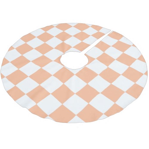 Checkered squares peach orange white geometric brushed polyester tree skirt