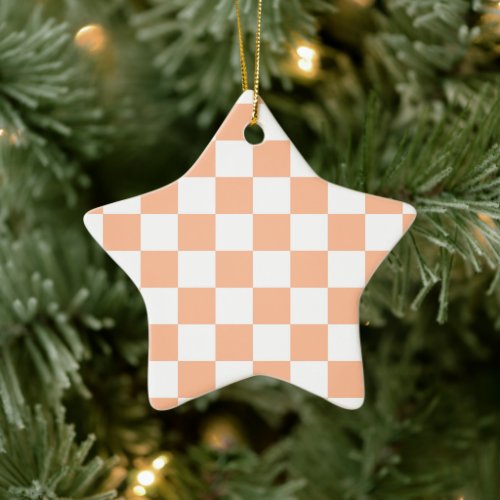 Checkered squares peach orange white geometric ceramic ornament