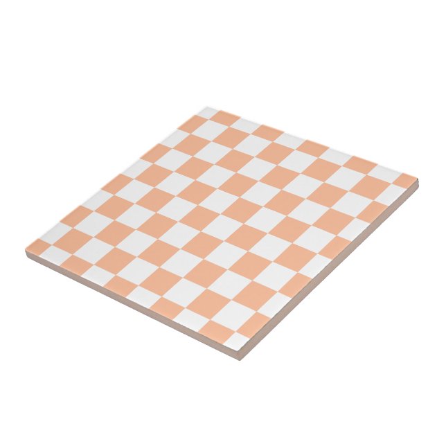 Checkered squares peach orange white geometric ceramic tile (Side)