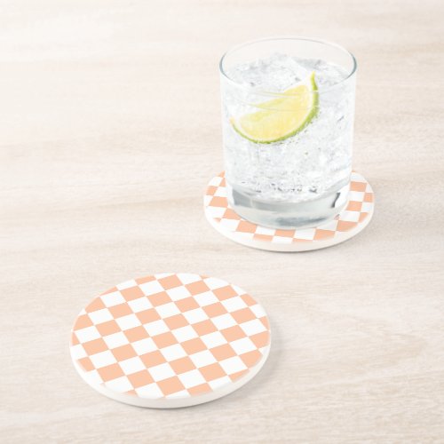 Checkered squares peach orange white geometric coaster