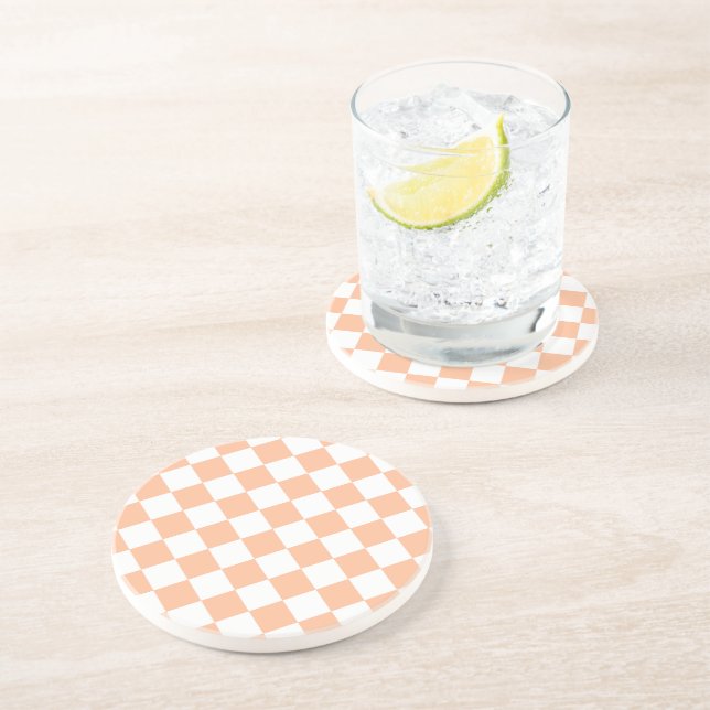Checkered squares peach orange white geometric coaster (Side)