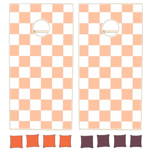 Checkered squares peach orange white geometric cornhole set