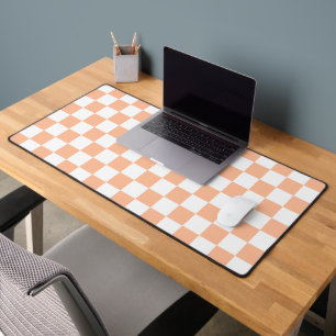 Checkered squares peach orange white geometric desk mat