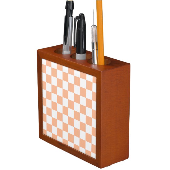 Checkered squares peach orange white geometric desk organizer (In Situ)